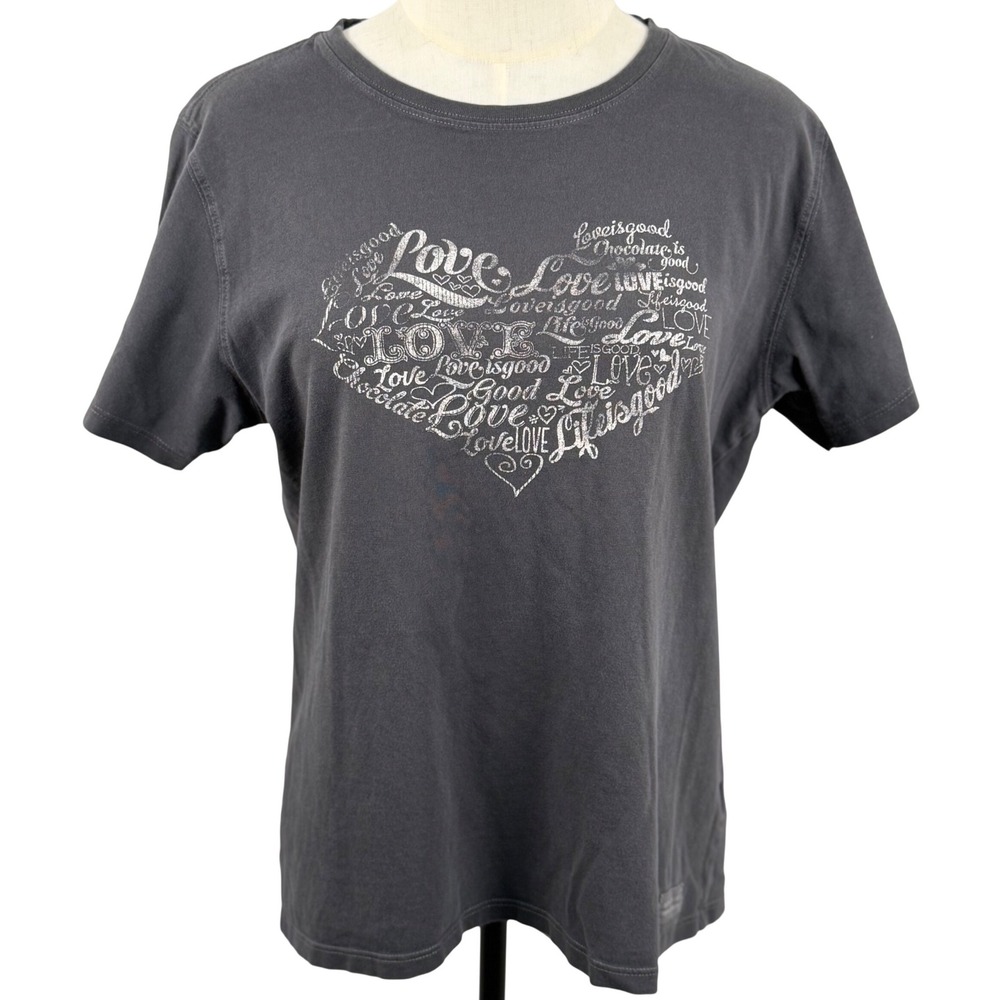 Life is Good Womens M Love Heart Graphic Tee T-Shirt Charcoal Grey Cotton Casual